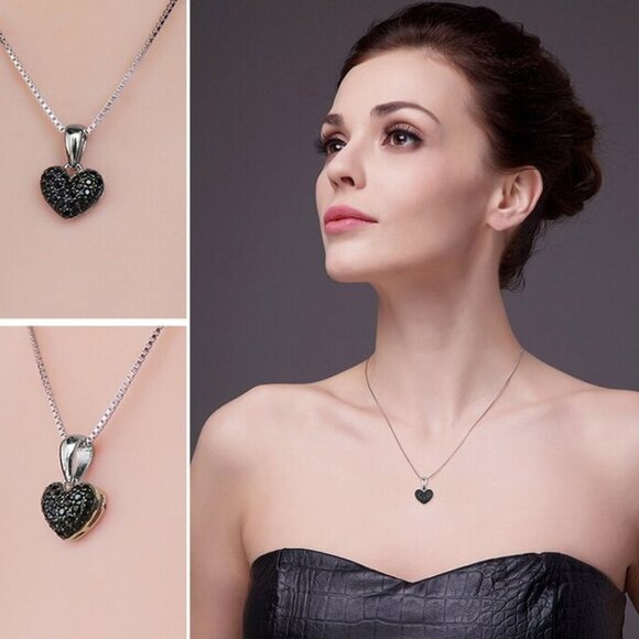 Jewelry - Necklace jewelry heart love black spinel 925 sterling silver 18" long box chain
